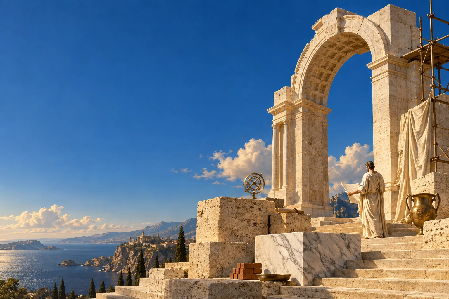 A robed architect studying an unfinished travertine arch