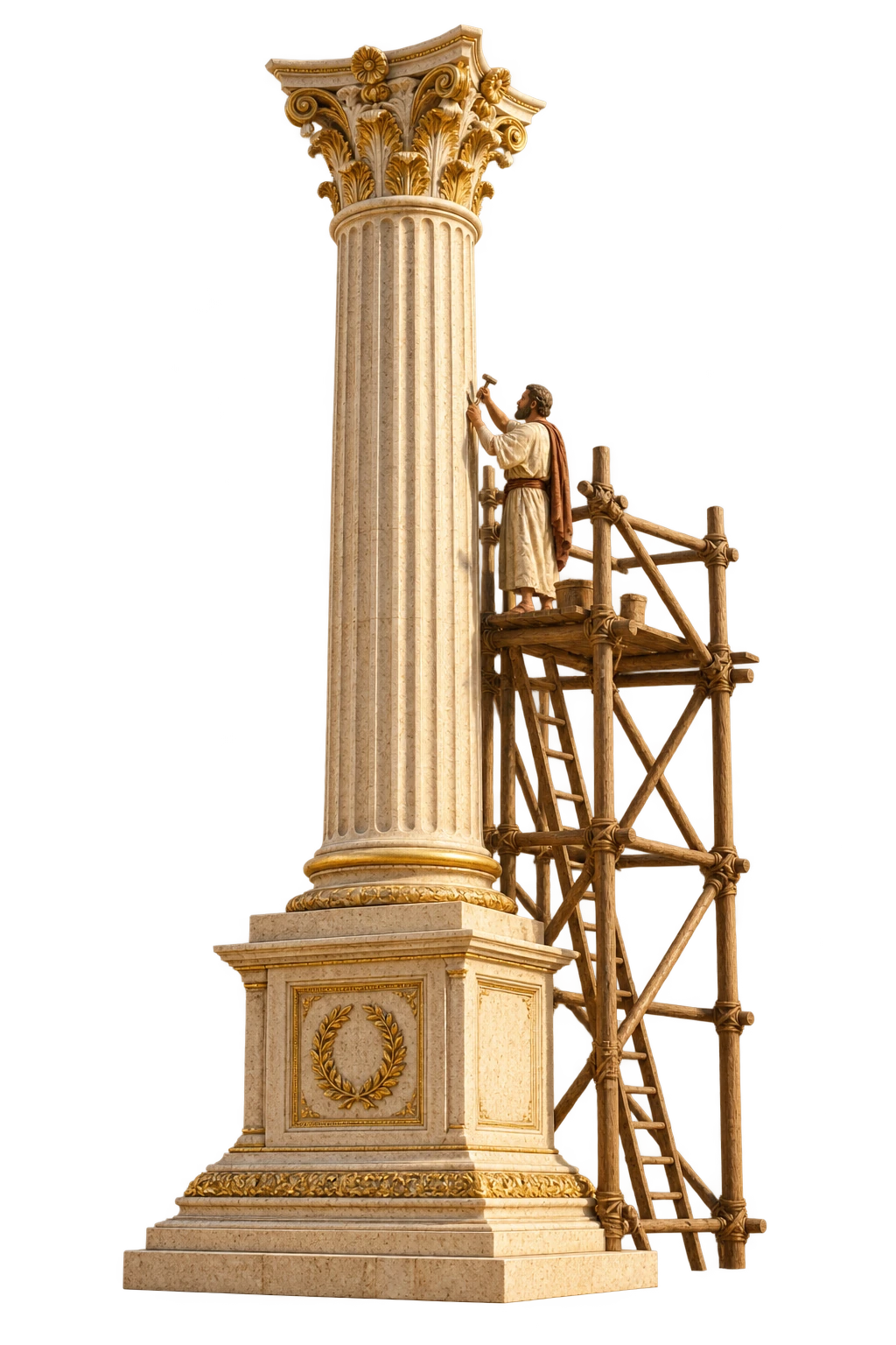 A monumental Corinthian column with scaffolding and a classical stonemason