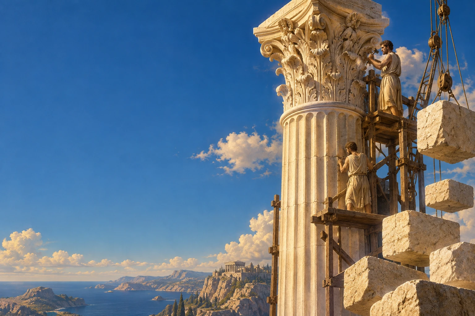 Stonemasons working on the carved details of a monumental column