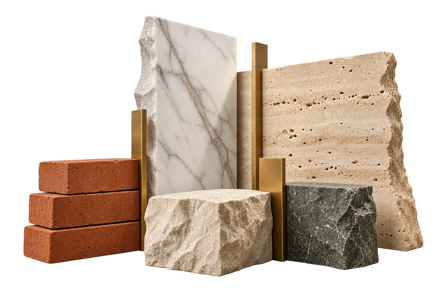 A sculptural collection of marble, travertine, terracotta bricks and brass accents